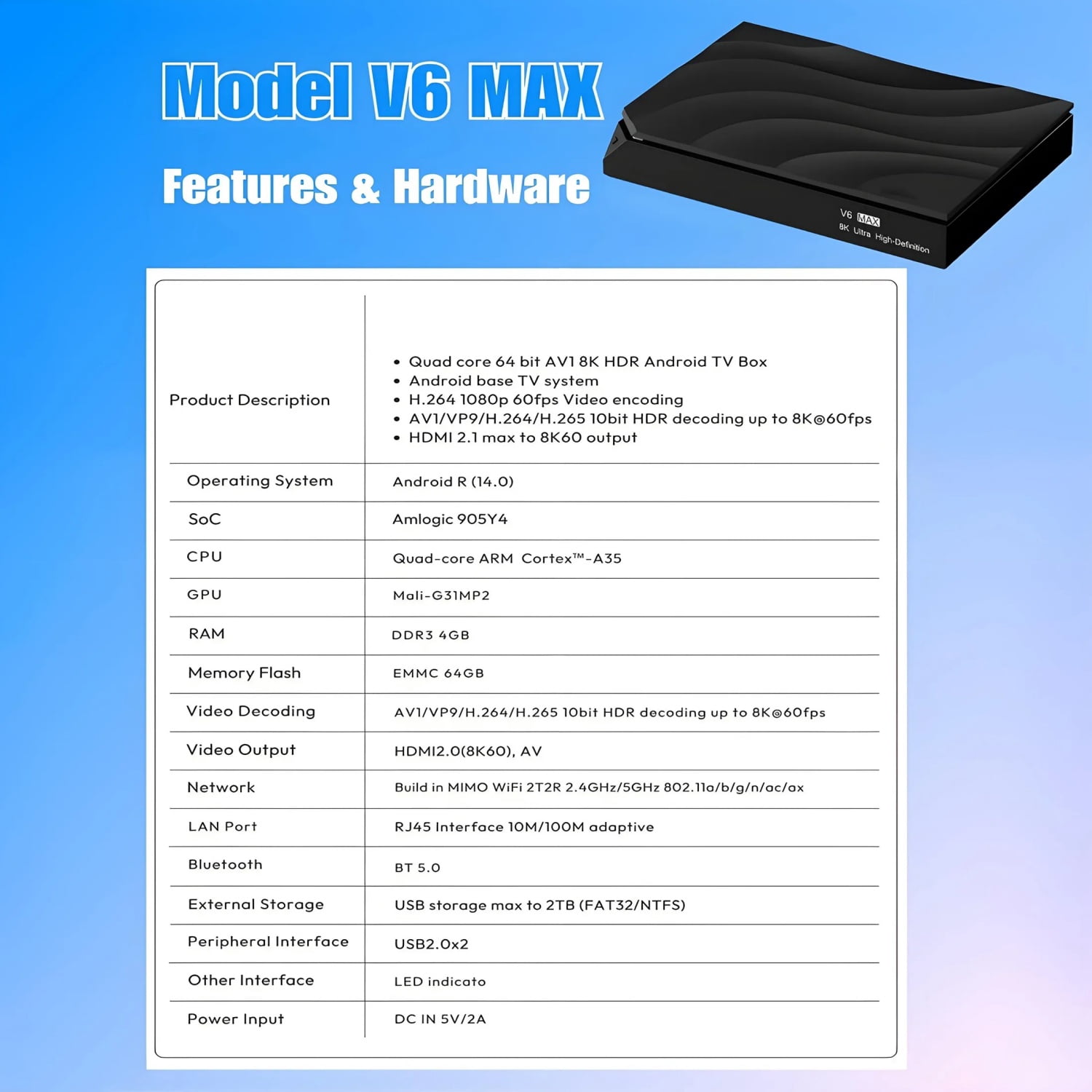 Vseebox V6 Max Upgraded Media Streamer, Bluetooth Voice Remote, 4K HDR Support