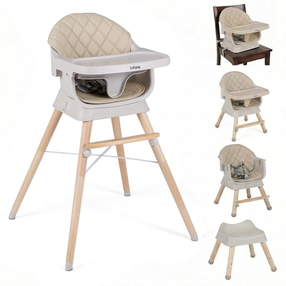 INFANS Baby High Chair, 6 in 1 Wooden Convertible Highchair for Babies and Toddlers, Infant Dining Booster Seat Kids Stool with Adjustable Removable Tray