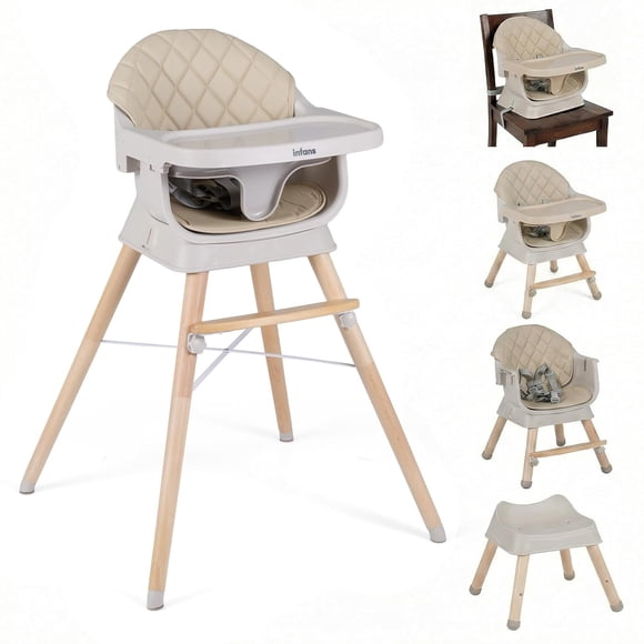 OLAKIDS Baby High Chair, 6 in 1 Wooden Convertible Highchair for Babies and Toddlers, Infant Dining Booster Seat Kids Stool with Adjustable Removable Tray
