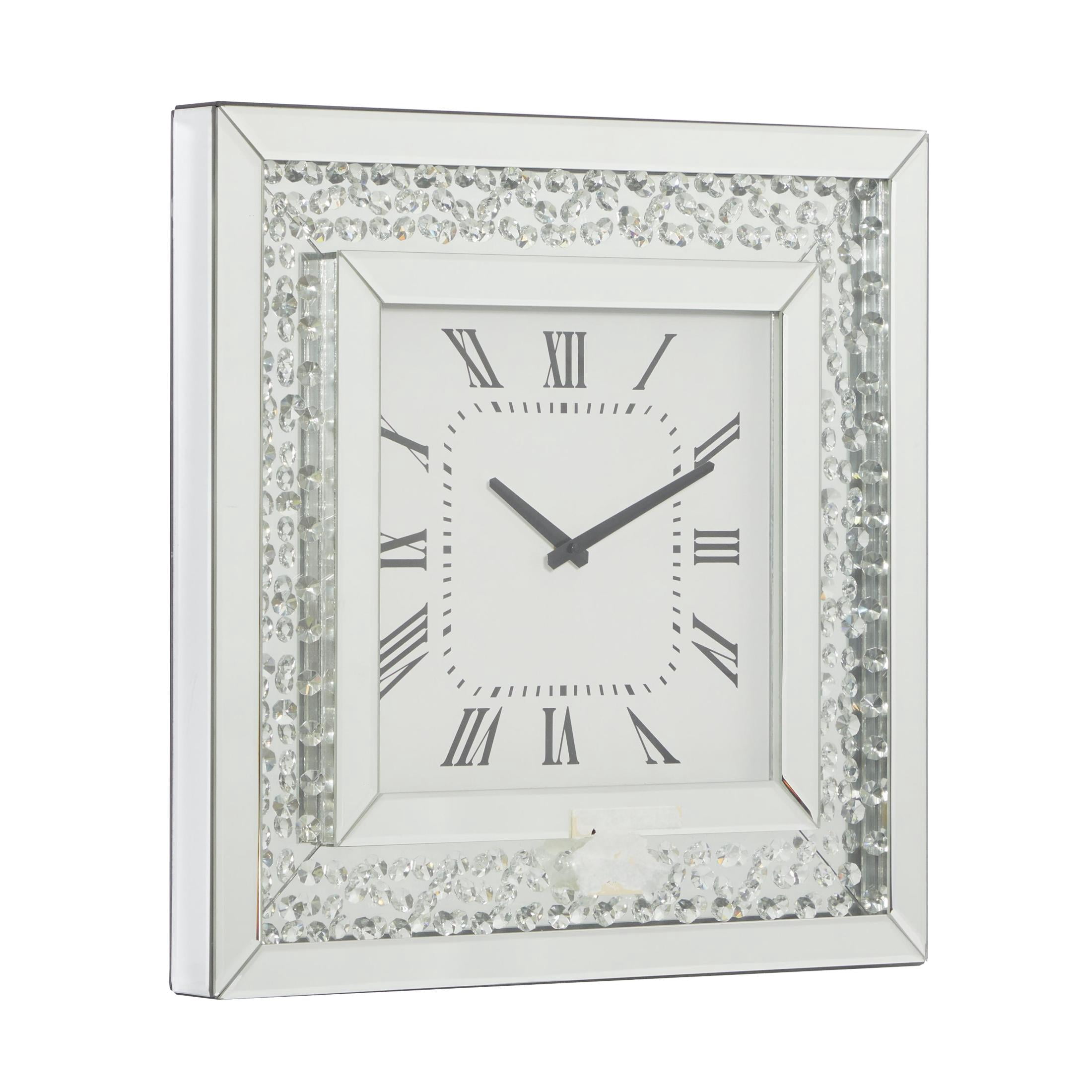 DecMode 2" Silver Wooden Mirrored Wall Clock with Floating Crystals
