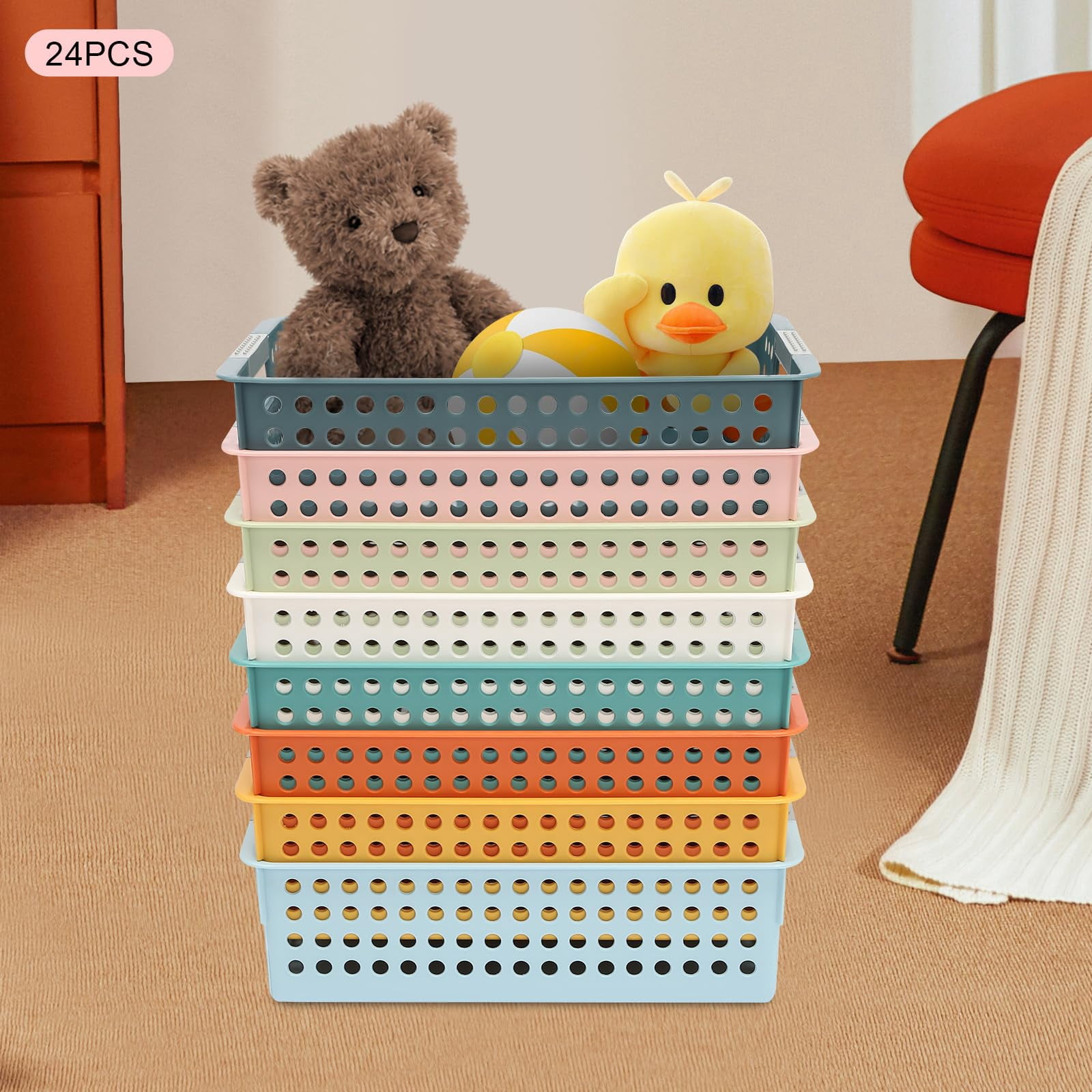 24 Pack Colorful Mesh Classroom Baskets, Classroom Storage Bin Book Basket- 11.8x8.5x3.3 Inch Stackable Storage Bins for School Supplies, Toys, Crafts, Organizer Bins for Papers, Books, Crayons