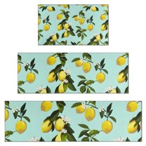 Yellow Lemon Fruit Flowers LightBlue Pattern Kitchen Rugs Sets Of 3,Kitchen Runner Rugs Non Skid Washable,Decorative Kitchen Floor Mats for Kitchen,Sink,Laundry,17"x30"  17"x47"   17"x59"