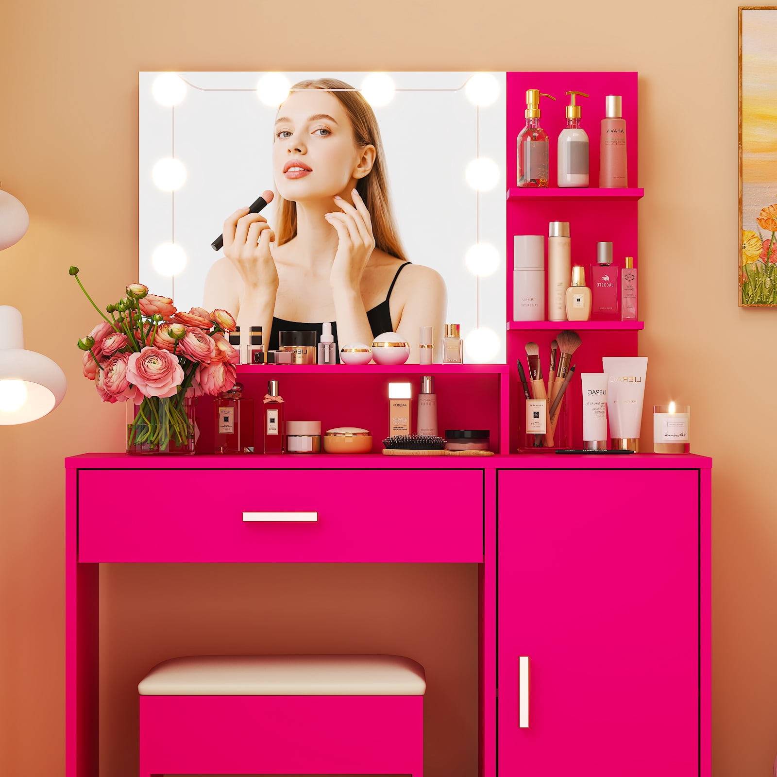 Ktaxon Vanity Set with 3 Color Lighted Mirror, Makeup Table with 3 Storage Shelves & Drawers, Dressing Table Makeup Desk with Stool,Hot Pink