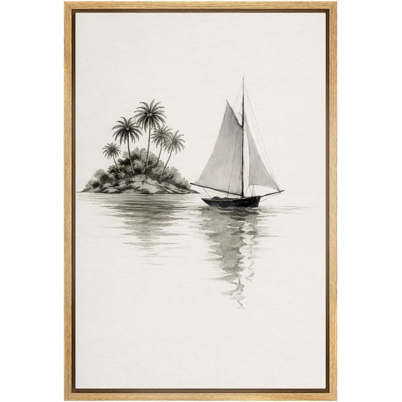 Framed Canvas Print Wall Art Sailing Along Tranquil Waters Ocean Coastal Art for Living Room, Bedroom, Office - 16"x24" NATURAL