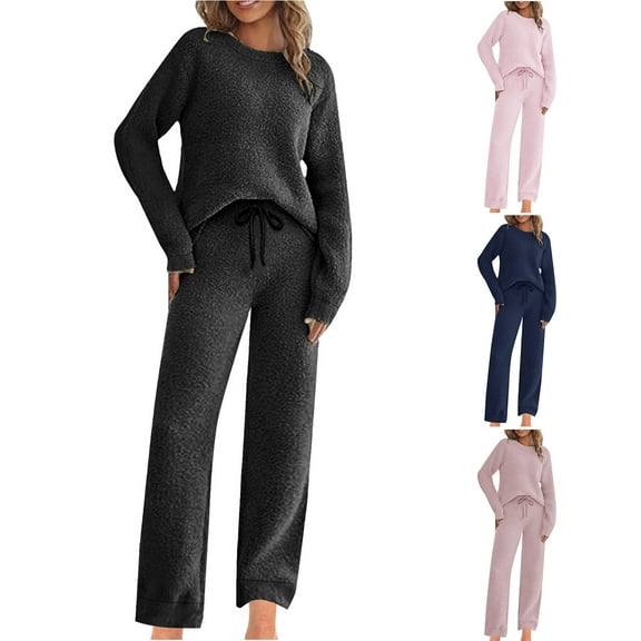 Yeaiivve Winter Pajamas for Women 2 Piece Lounge Set Fuzzy Fleece Long Sleeve Pullover Top Wide Leg Pants Set Pink L