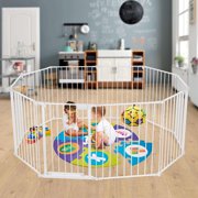 Odoland 10-Panel Super Wide Baby Gate Playard, Adjustable Play Pen Safety Fence/ Guard Metal Play Yard for Toddler/ Pet/ Dog Christmas Tree Fence, Includes 8 Pack of Wall Mounts, White