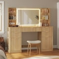thumbnail image 4 of Afuhokles Fluted Makeup Vanity Desk with Lighted Mirror and 5 Drawer, Modern Dressing Table with Charging Station for Bedroom, Oak, 4 of 7