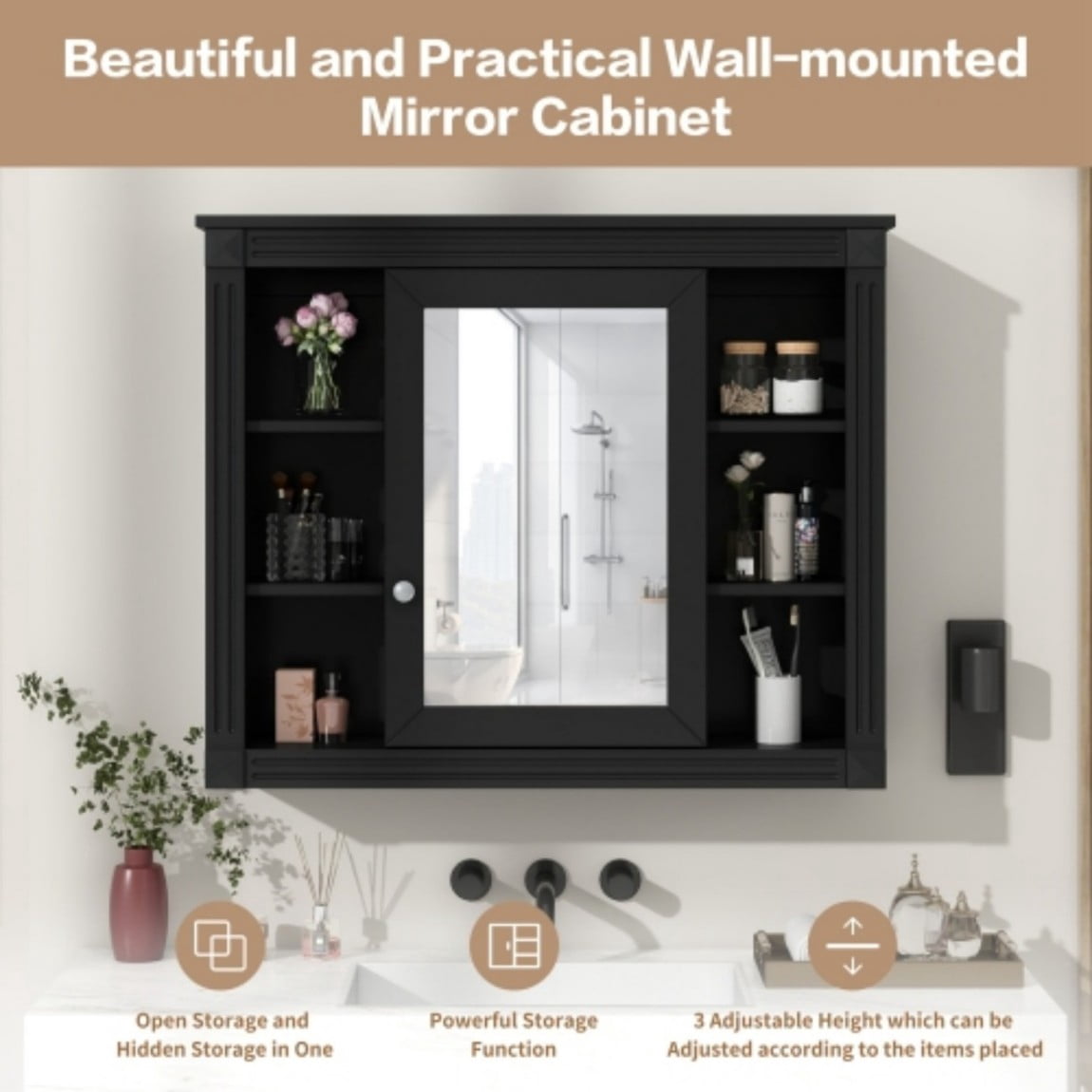 35"x 28" Wall Mounted Bathroom Medicine Cabinet with Mirror, Adjustable Shelves, Open Storage, Towel Bar, MDF Bathroom Storage Cabinet, Black