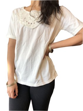 Mogul Women White Top Summer Bohemian Gypsy Chic Solid Top Lace Work Short Sleeves Boho Blouse M