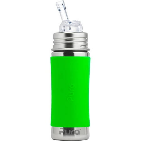 Pura Kiki 11 Oz / 325 Ml Stainless Steel Bottle With Silicone Straw & Sleeve, Green (plastic Free, Nontoxic Certified, Bpa