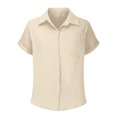 thumbnail image 4 of OIOLOYJM Girls Linen Shirts Short Sleeve Button Down Collared Dress Shirt Summer Basic Lightweight Breathable Lounge Tops Beige 14-15 Year, 4 of 4
