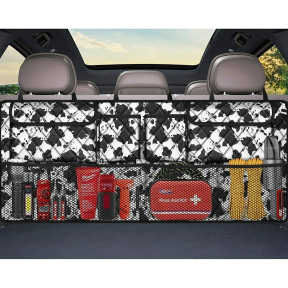Car Trunk Organizer,Large Capacity Backseat Trunk Organizer(42"*18"),Collapsible Car Storage Bag with 8 Pocekt,SUV/MPV/Truck - Cow print