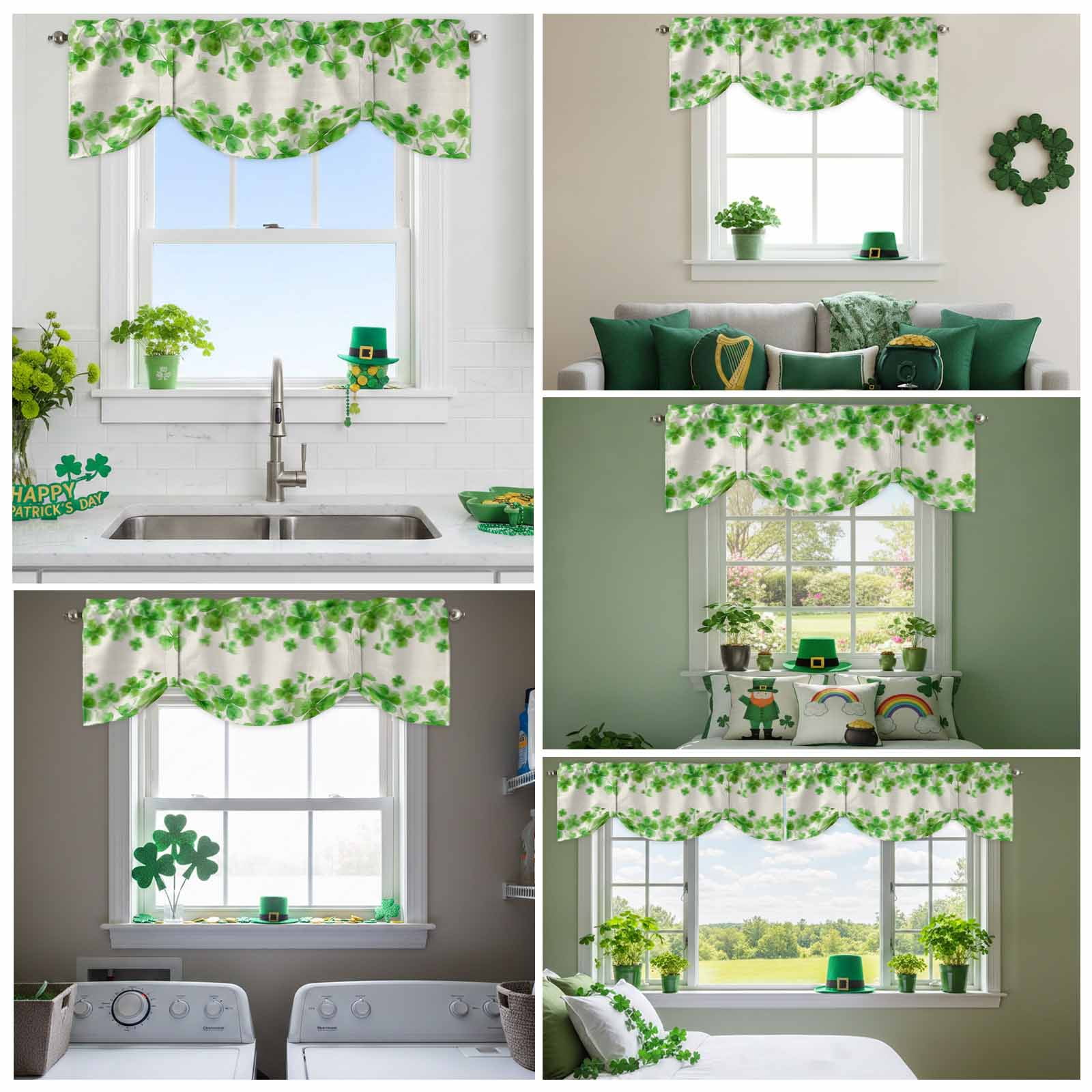 Happy St. Patrick's Day Tie Up Valances Curtain, Green Shamrock Love Art Watercolor Linen Texture Adjustable Rod Pocket Short Window Treatment Tie Up Curtains for Kitchen Living Room 60x18 In