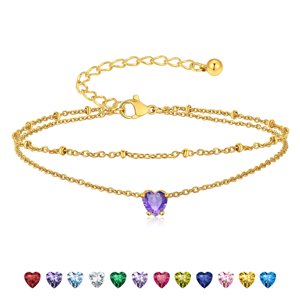 Suplight 925 Sterling Silver Birthstone Anklet, Double Layered