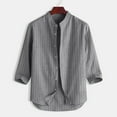 thumbnail image 2 of Fimkaule Button Down Shirts for Men 3/4 Sleeve Summer striped stand collar 7 points sleeve cotton shirt Top Casual Blouse Tops, 2 of 8