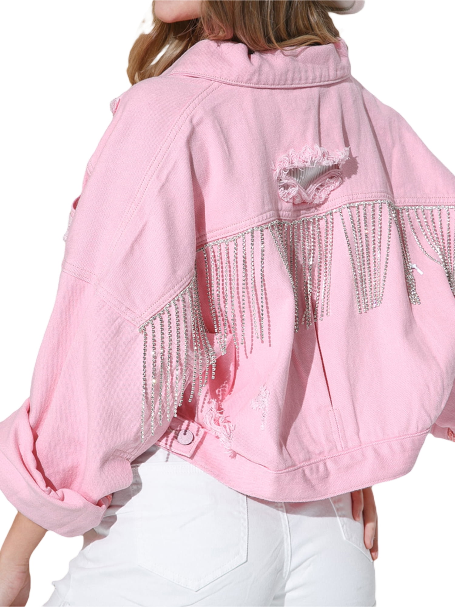 Pink Distressed Denim Cropped Jacket with Fringe