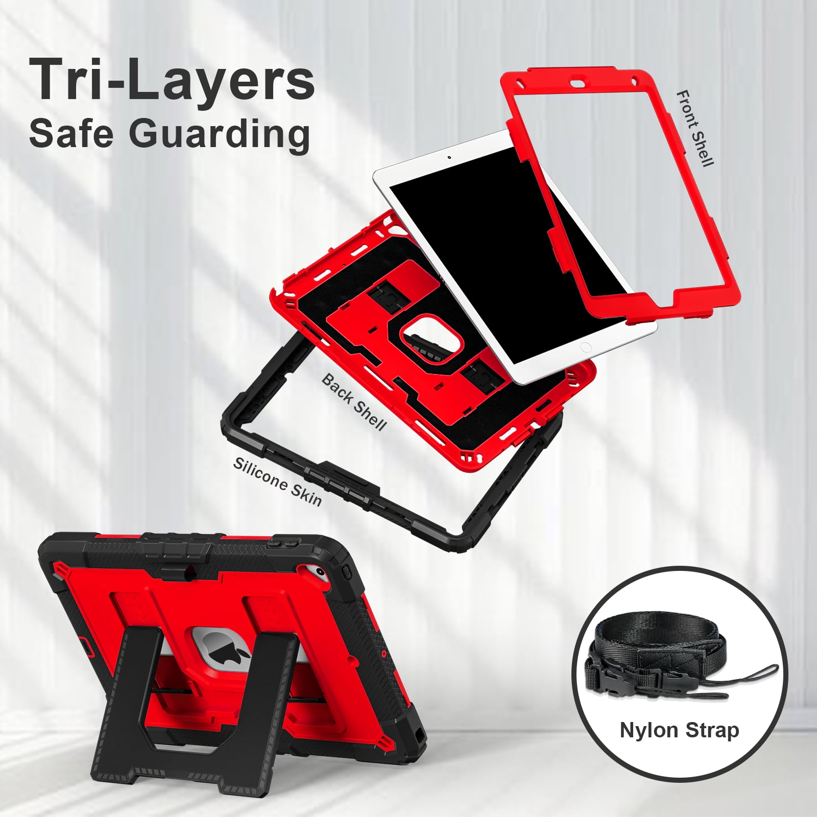 ELEHOLD 3-Layer Rugged Case For Apple iPad 9th/8th/7th Generation Heavy Duty Shockproof Cover, [Drop Protection], [Logo Visible], With Kickstand & Pencil Holder & Shoulder Strap, Black+Red