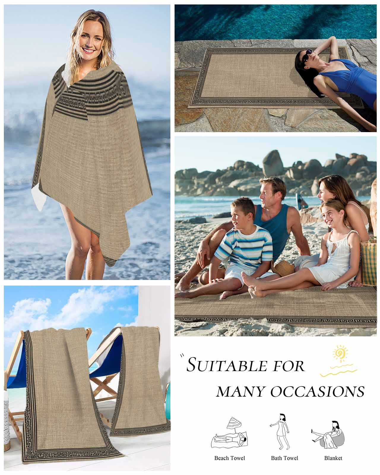 Black Brown Retro Greek Key Beach Towels Oversized Super Absorbent,Geometric Greece Ancient Rustic Lightweight Bath Towel Quick Dry Sets For Bathroom/Pool/Rv Camping/Beach Play/Gym Room 35"x70"