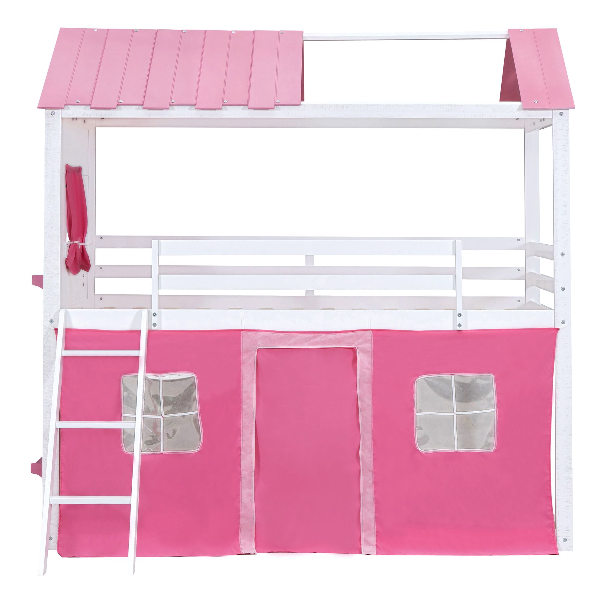Aukfa Twin over Twin Bunk Bed with Tent and Roof, Wood Playhouse Bed for Kids, Pink