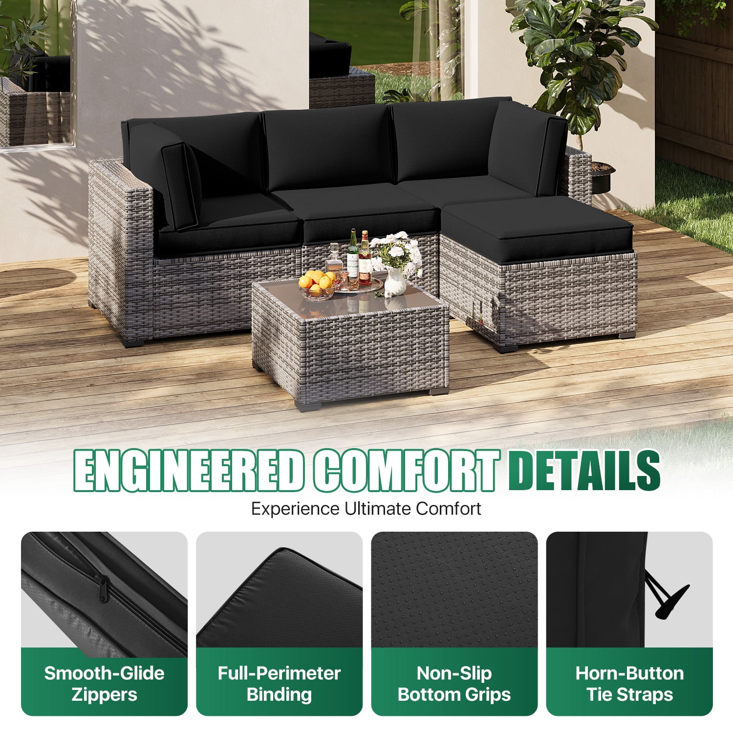 Clouddwell 9-Piece Outdoor Cushion Set for 4-Seat Wicker Sectional - Waterproof, High-Resilience Foam (Black)