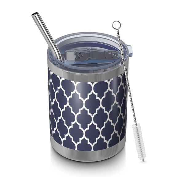 12oz Tumblers Navy and White Geometric Lattice Pattern Vacuum Insulated Stainless Steel Travel Tumbler Cups Mug with Lid and Straw for Beer,Coffee,Beverages with Cleaning Brush for Cold & Hot Drinks