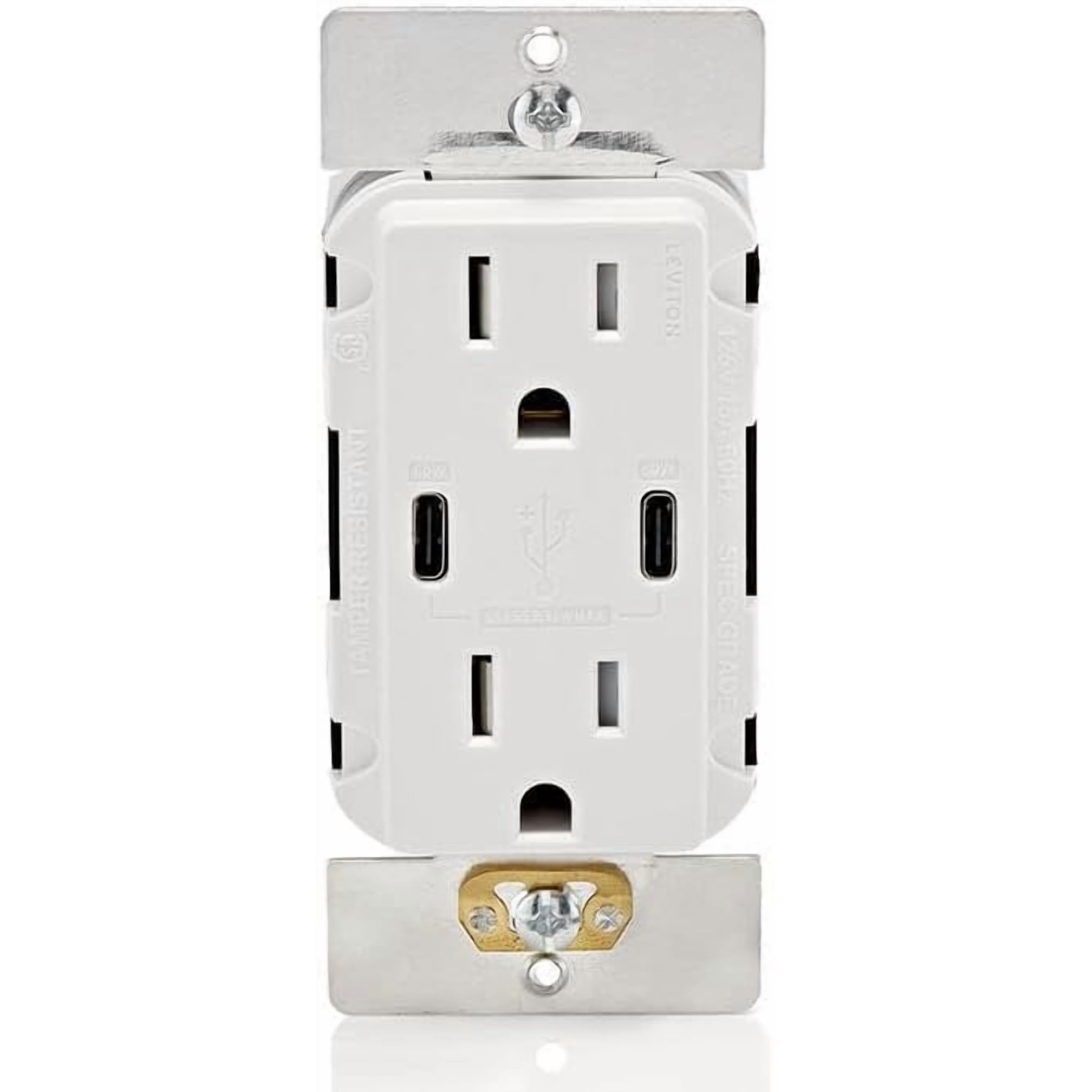 Leviton 60W 6A USB Dual Type-C/C Power Delivery in-Wall Charger with 15A Tamper-Resistant Outlet, USB Charger for Smartphones, Tablets, Laptops, T5636-0BW, White