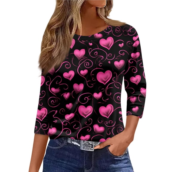 Fgvctg Womens Plus Size Valentine's Day Tops Casual 3/4 Sleeve Crewneck Shirt Romantic Date Night Pullover Tops Oversized Love Heart Print Half Sleeve Blouse Black L