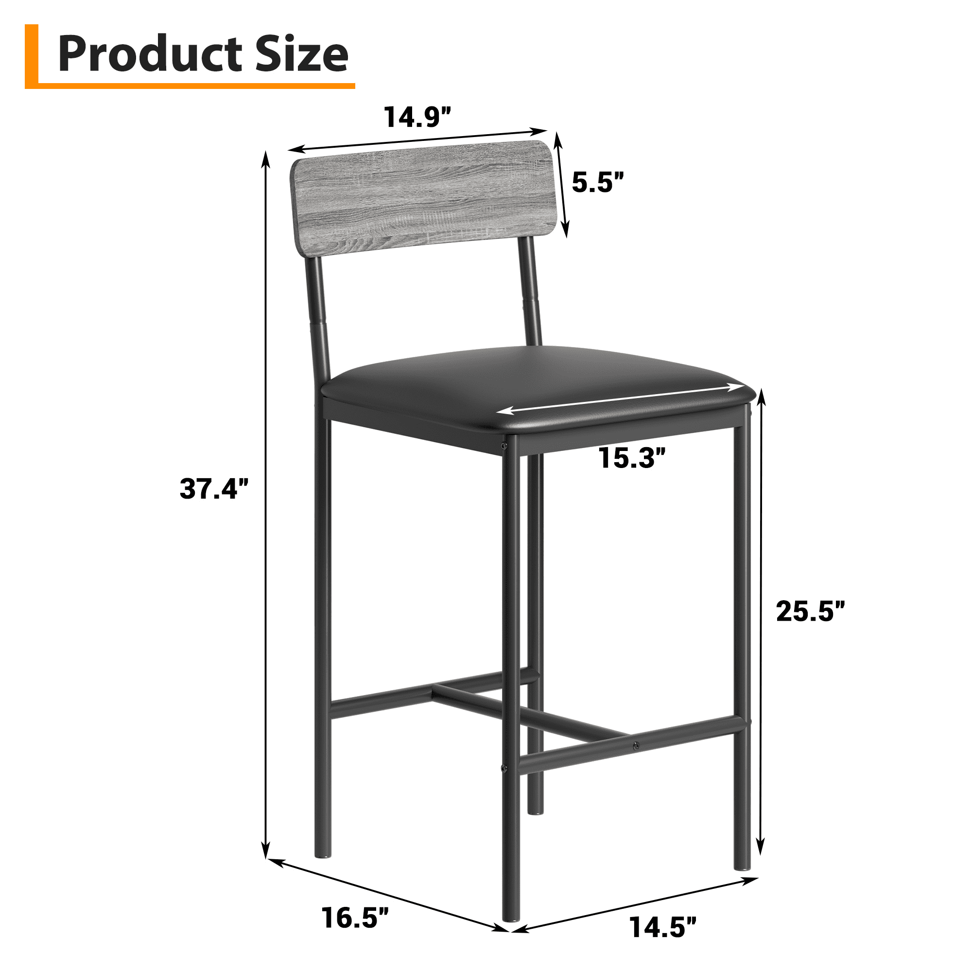 Bar Stools Set of 2,Kitchen Bar Stools with Footrest,25.5 Inches Upholstered Bar Chairs with Back,Counter Height Barstools for Counter Bar,Island,Easy Assembly