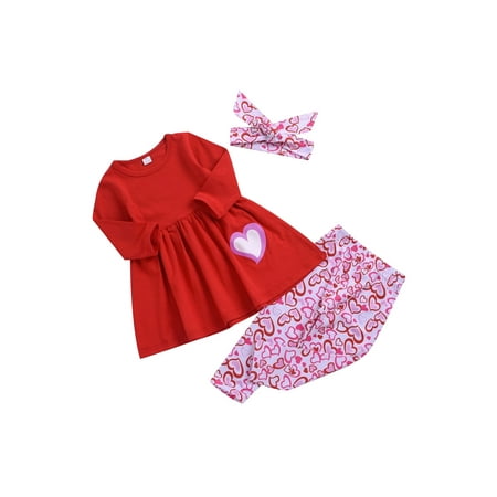 

Valentine s Day Kids Girls 3pcs Outfit Set Long Sleeve Heart Print Tops T-shirts + Pants + Headband Set Sweet Toddlers Clothing