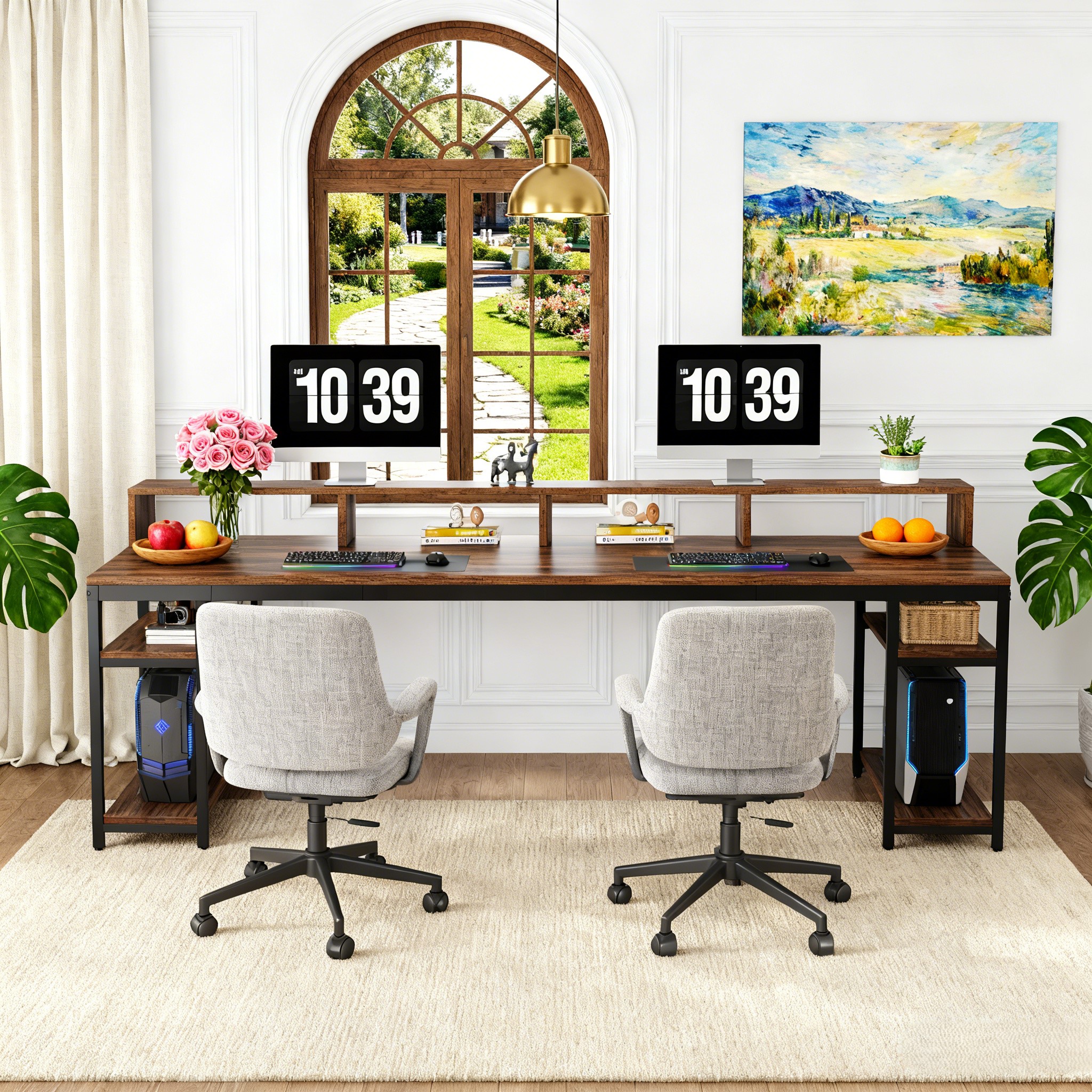 Fnova 78.74" Long Computer Desk with Monitor Stand and Storage Shelves, Industrial Home Office Writing Desk for 2, Brown