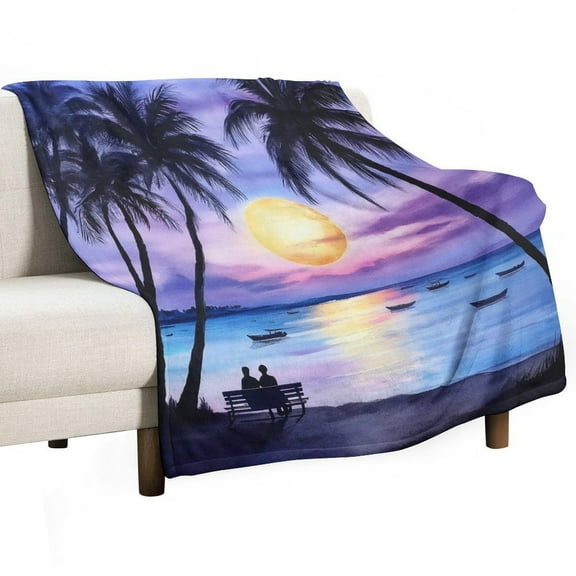 Palm Moon Beach Romance Soft Print Blanket Throw Blankets Warm Cozy Lightweight Couch Blanket Stuff Gifts for Women Mom Teens