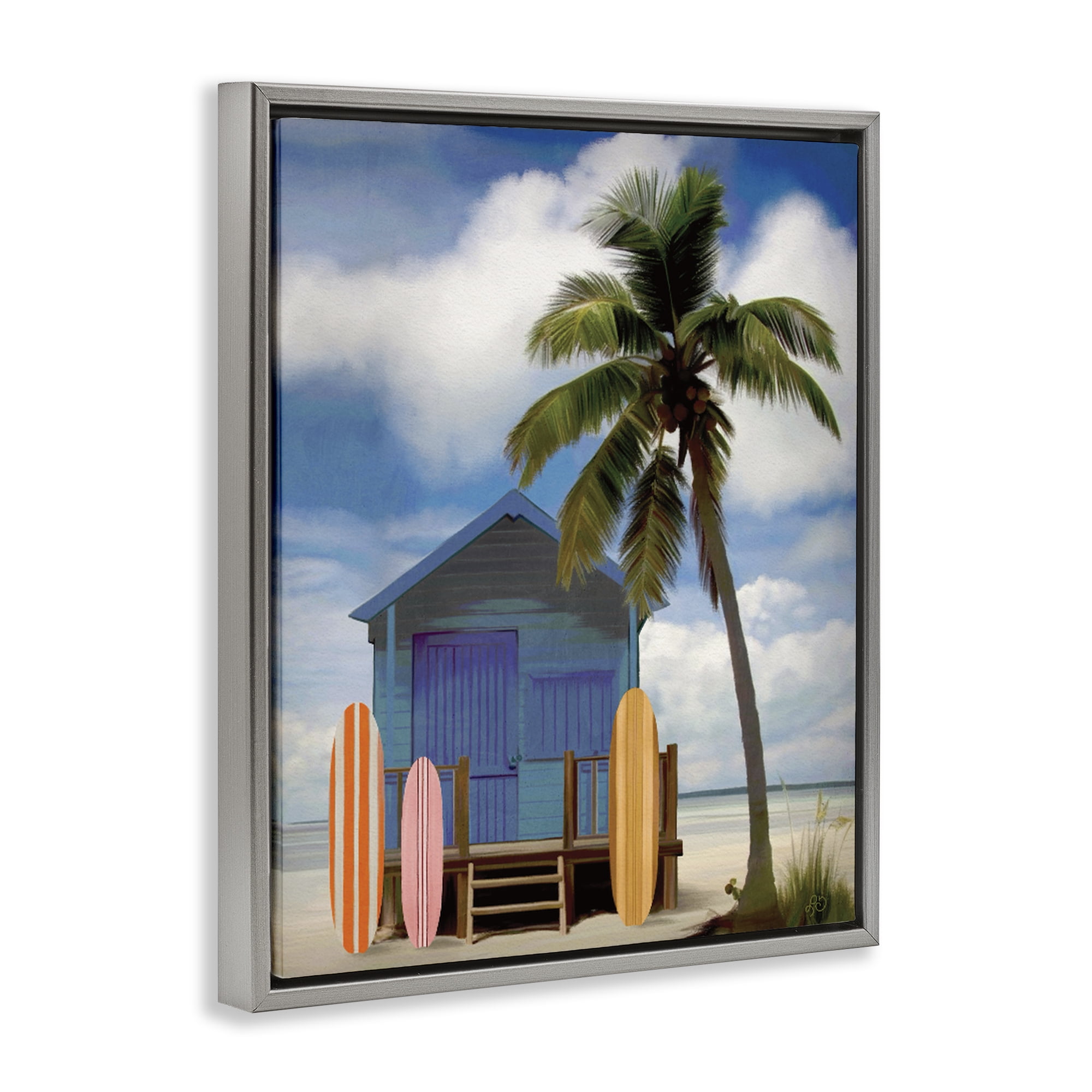 Stupell Industries Palm Overhanging Surf Shop Gray Framed Floater Canvas Wall Art, design by Lisa R Dumm