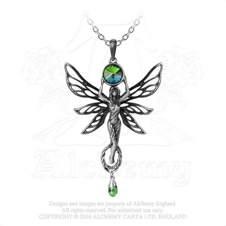 Fairy Green Goddess Art Nouveau Patina Wings Iridescent Green Gothic Necklace