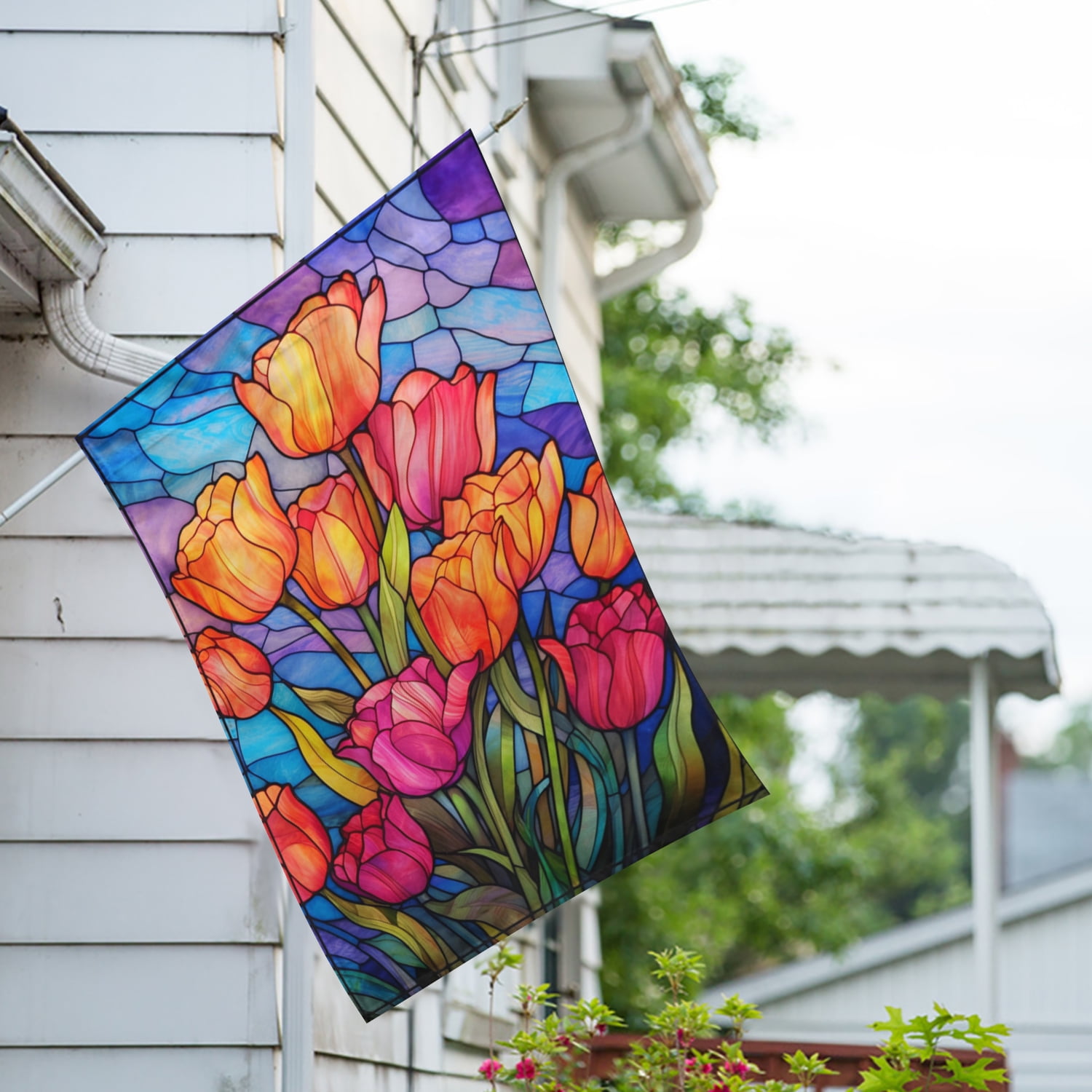 America Forever Spring House Flag 28 x 40 inch Double Sided Tulip Floral Flowers Glass Style Small Spring Holiday Seasonal Easter Day Flags for Outdoor Yard Lawn Decoration