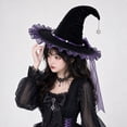 thumbnail image 6 of Hkoxplj Lace Tulle Witch Hat for Women Vintage Gothic Halloween Costume Hat Wide Brim Pearl Beaded Bow Hat with Star Charm Pendant Pointed Top Velvet Hat for Party Cosplay Photoshoot, 6 of 9