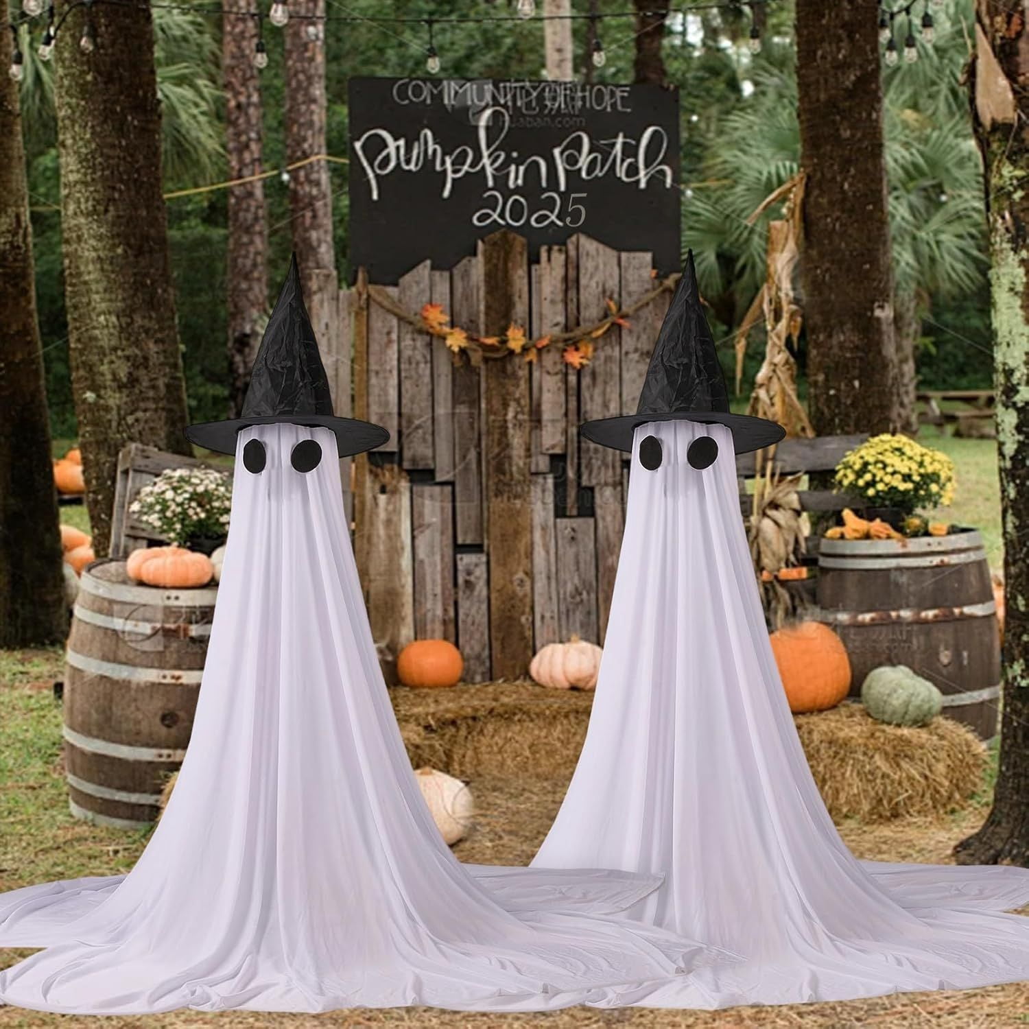 2 Pack Light Up Ghost Decorations with Remote Control Timer for Outdoor Halloween Yard