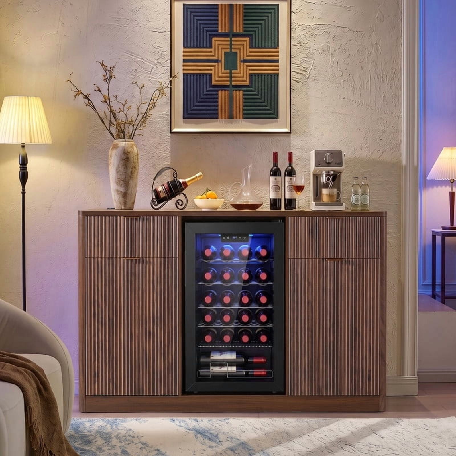 59"W Coffee Bar Storage Cabinet with Small Fridge Space, Kitchen Sideboard Buffet with Tilt-Out Trash Cabinet & Charging Station