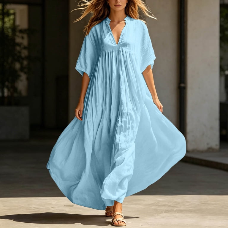 lightweight breathable fabrics summer dresses Minimalist Linen Maxi Dress, V-Neck, Open Back Cross Back Straps, Pockets, L / Military