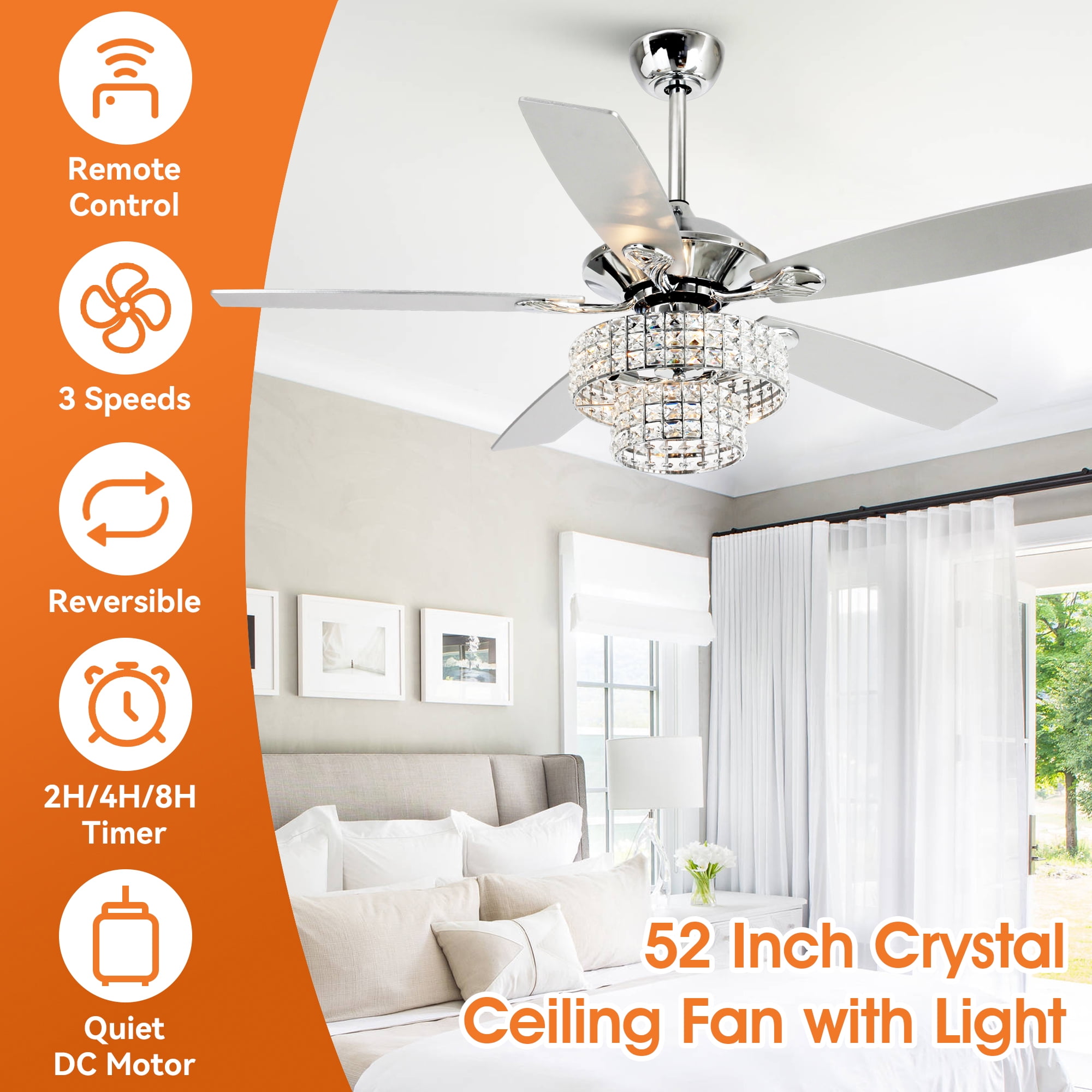 Parrot Uncle 52 Inch Ceiling Fan with Lights, Remote Control, Crystal Chandelier, Chrome, Reversible Motor
