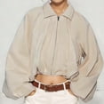 thumbnail image 6 of Sewkxo Womens Cropped Puff Sleeve Bomber Jacket Lapel Collar Pleated Full Zip Coat Spring Loose Fit Trendy Outerwear,Khaki XS, 6 of 8