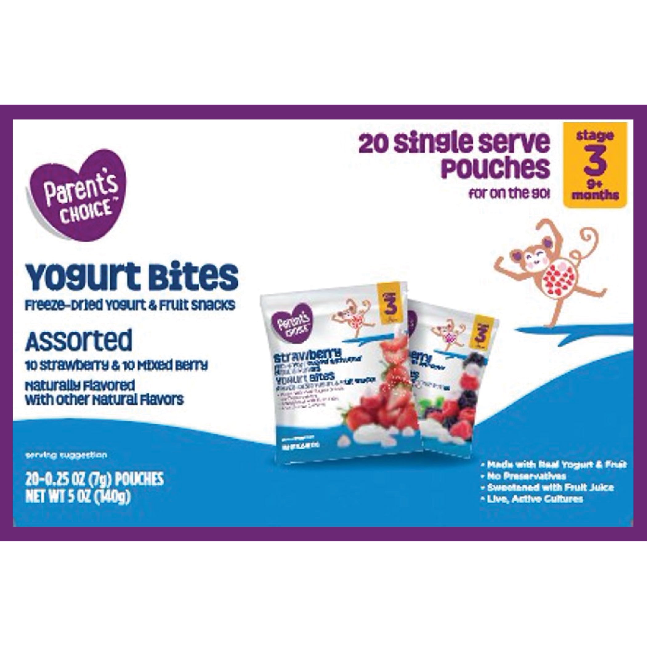 Parent's Choice Yogurt Bites Single Serve Variety Pack, Toddler Snack, Yogurt & Fruit Snack Pack, 20 Pack - 0.25 oz Pouch