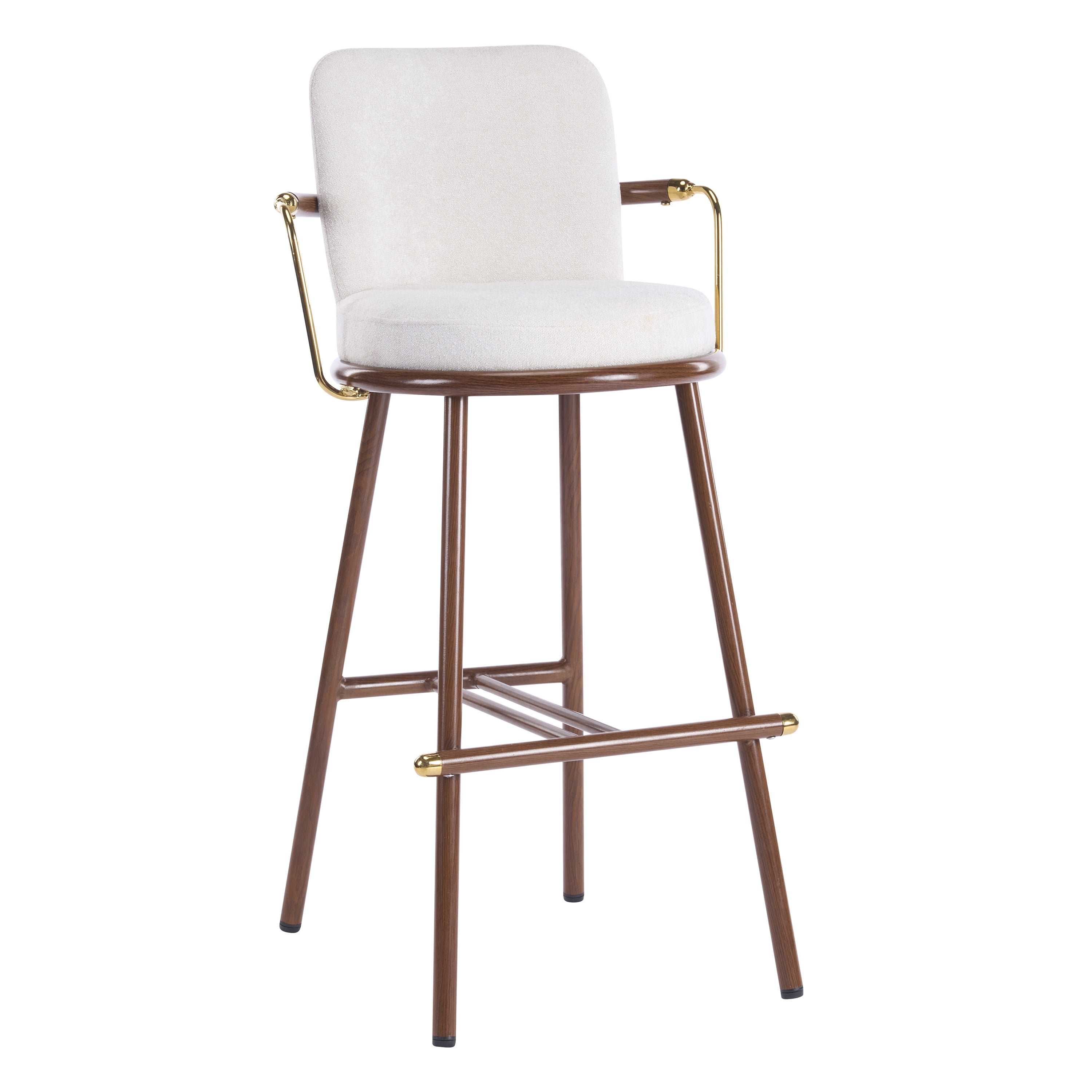 Indoor Upholstered Bar Stool with Metal Frame, Walnut Finished and Beige Upholstery, Set of 2