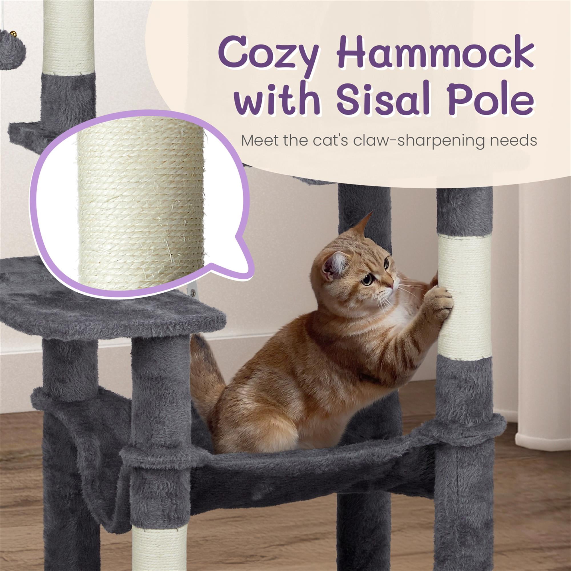 Kadyn 58" Cat Tree Tower for Indoor Cats, Cat House with Padded Platform Bed, Toy Balls, Large Cozy Condo, Hammocks and Sisal Scratching Posts, Dark Gray
