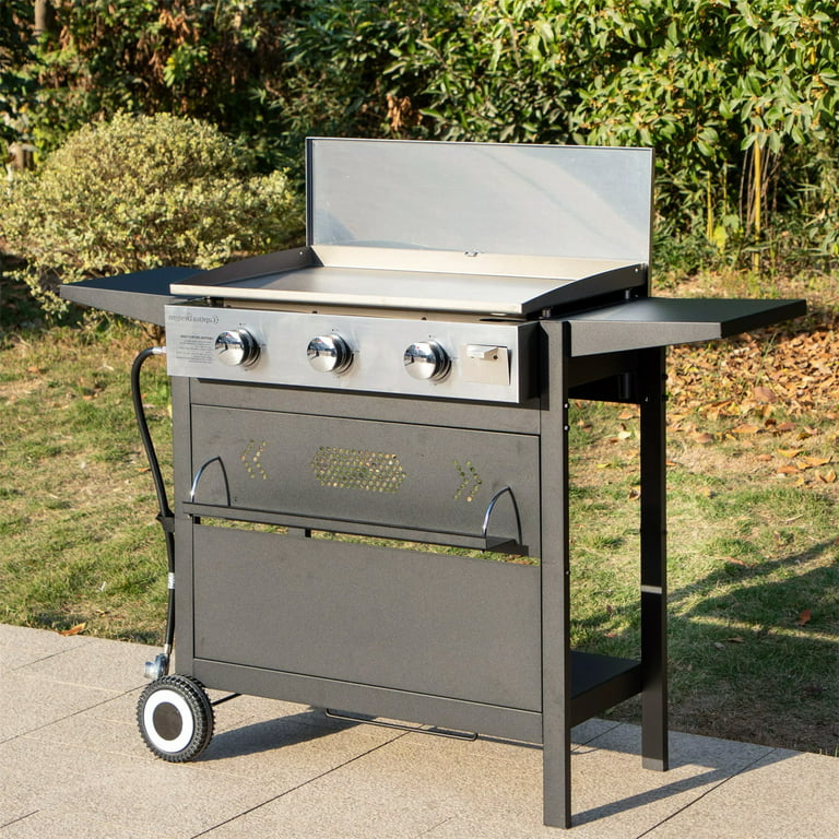 Flat Top Gas Griddle Grill with Lid, 3-Burner Propane Flattop BBQ
