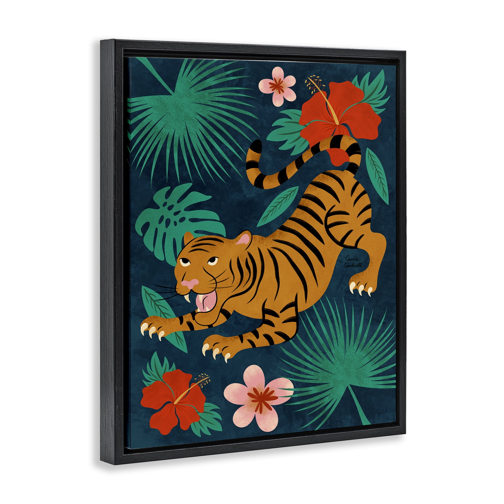 Stupell Industries Crouching Tiger Tropics Animals Painting Black Floater Framed Canvas Art Print Wall Art, 25 x 31