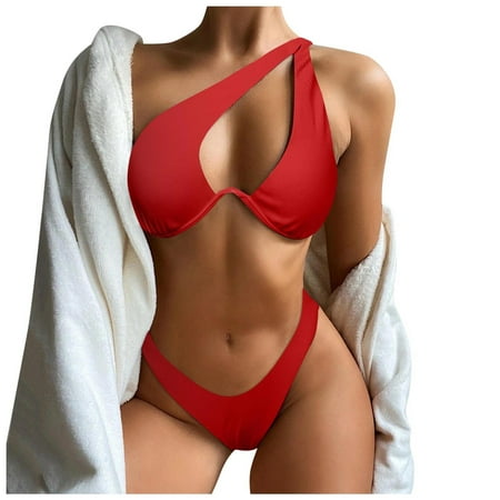 Women Swimsuits Bikini Set Solid One Shoulder Knot Front Push Up High Leg Thong Two Piece Red Bathing Suits for Women XL