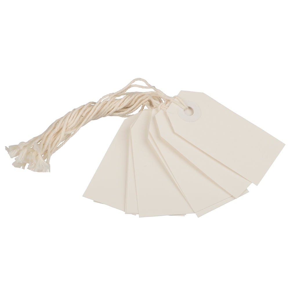 JAM Paper Gift Tags with String, White, 100/Pack, Tiny, 2 3/4 x 1 3/8