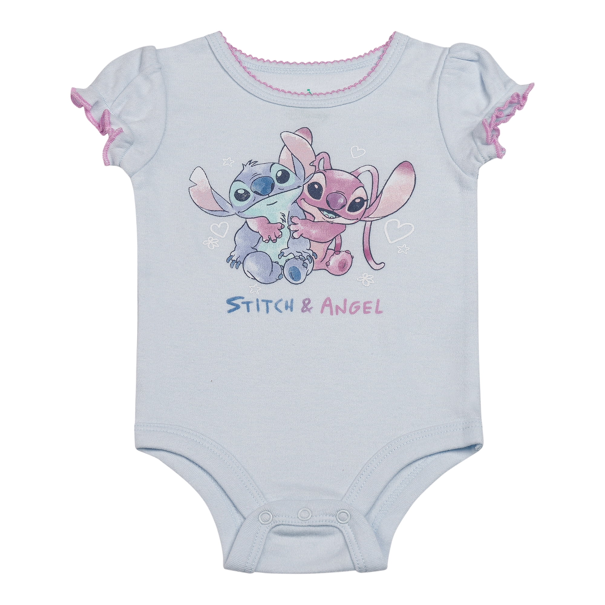Disney Clothes Baby Girls Front Back 3-Piece Short Outfit Set – Includes Bodysuit, Tee & Shorts – Stitch Blue/Pink 0/3M