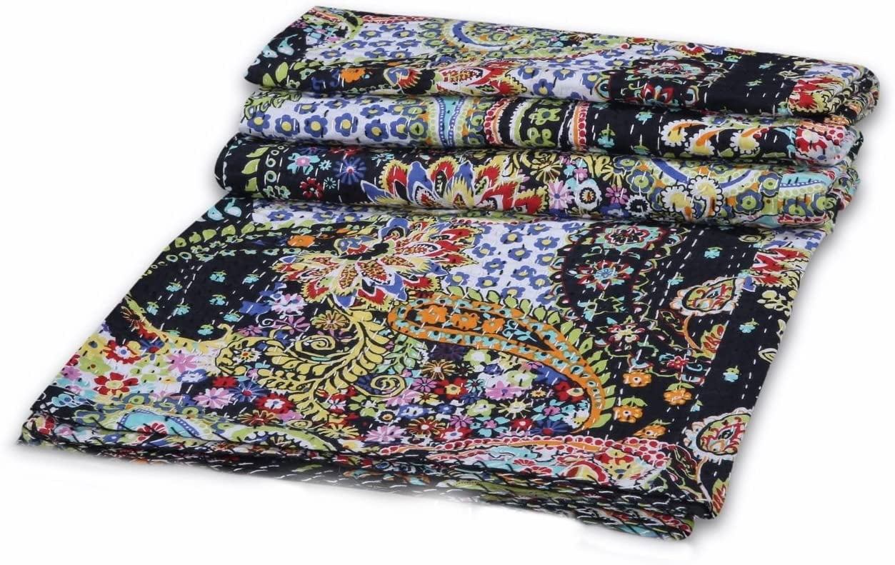Hand Block Floral Print Kantha Quilt Cotton Throw Indian Handmade Twin Blanket 