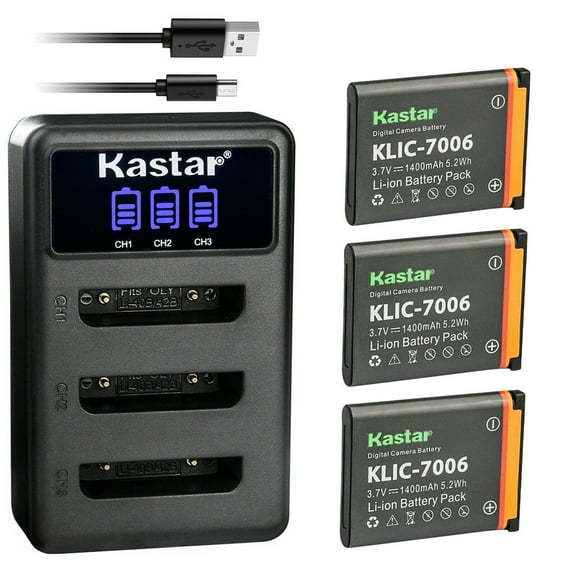 Kastar 3 Pack Battery and LCD Triple USB Charger Compatible with Kodak KLIC-7006, K7006, LB-012 Battery and Charger, Kodak EasyshareMini M200, Easyshare Touch, Easyshare Touch M577, Easyshare MD30